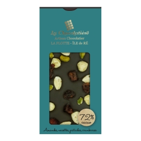 Tablette Chocolat Amandes Noisettes Pistaches Cranberries 72% cacao