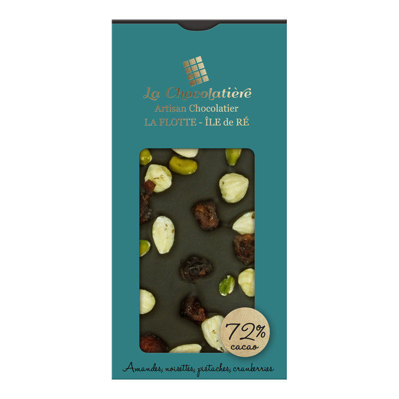 Tablettes : Tablette Chocolat Amandes Noisettes Pistaches Cranberries 72% cacao